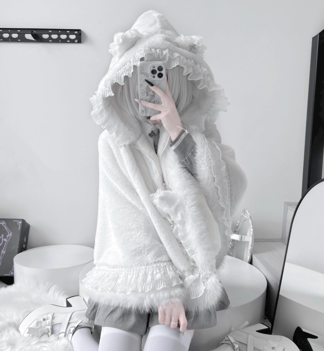 Care and maintenance instructions for jirai kei cat ear fleece cape coat showing proper washing and storage recommendations
