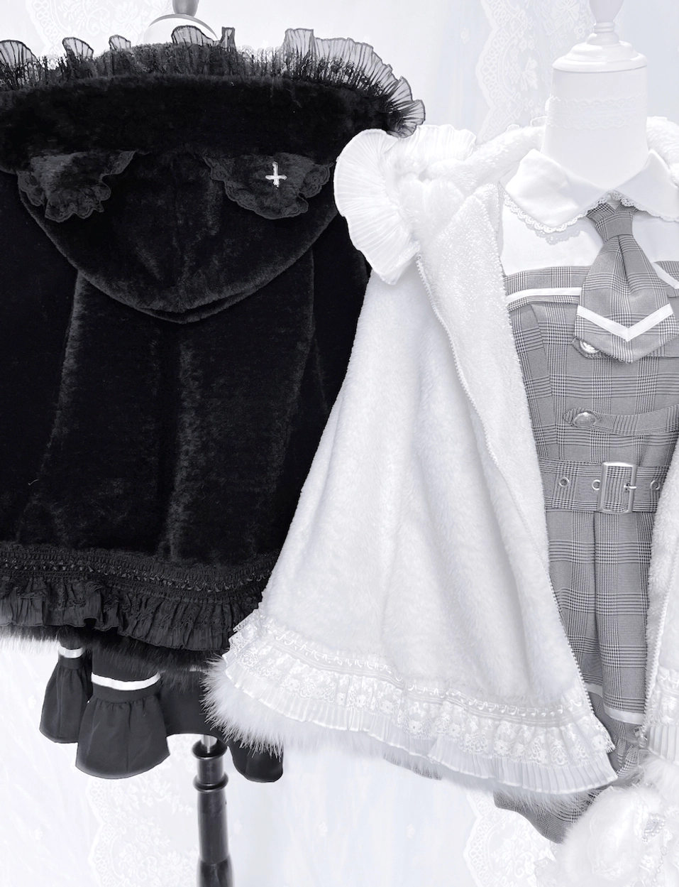 Comparative styling view showing versatility of jirai kei cat ear fleece cape coat across different aesthetic interpretations and occasions