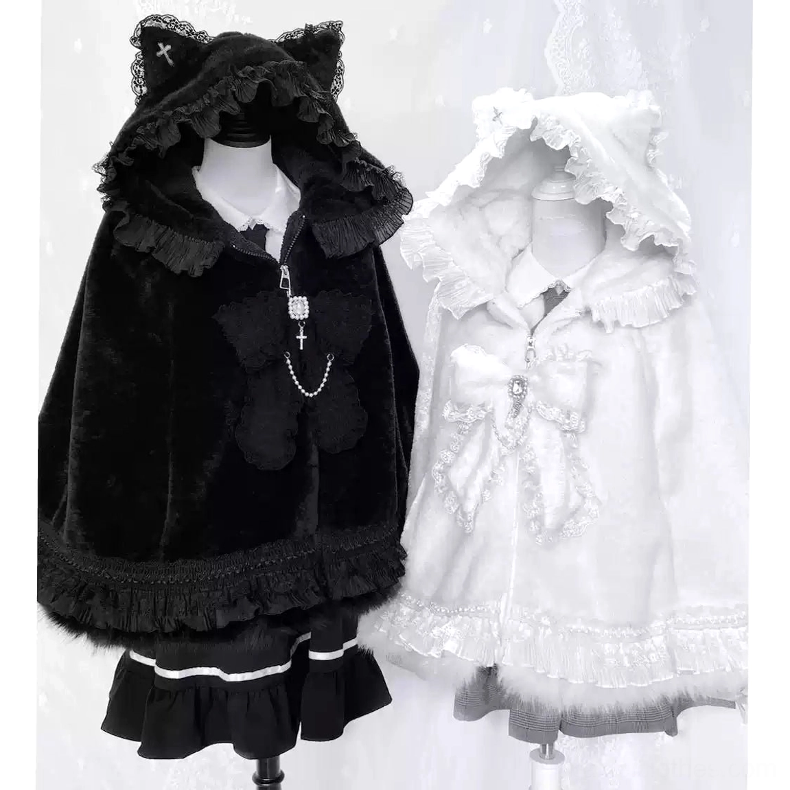 Festival or event wear styling of jirai kei cat ear fleece cape coat showing theatrical and statement-making outfit presentation