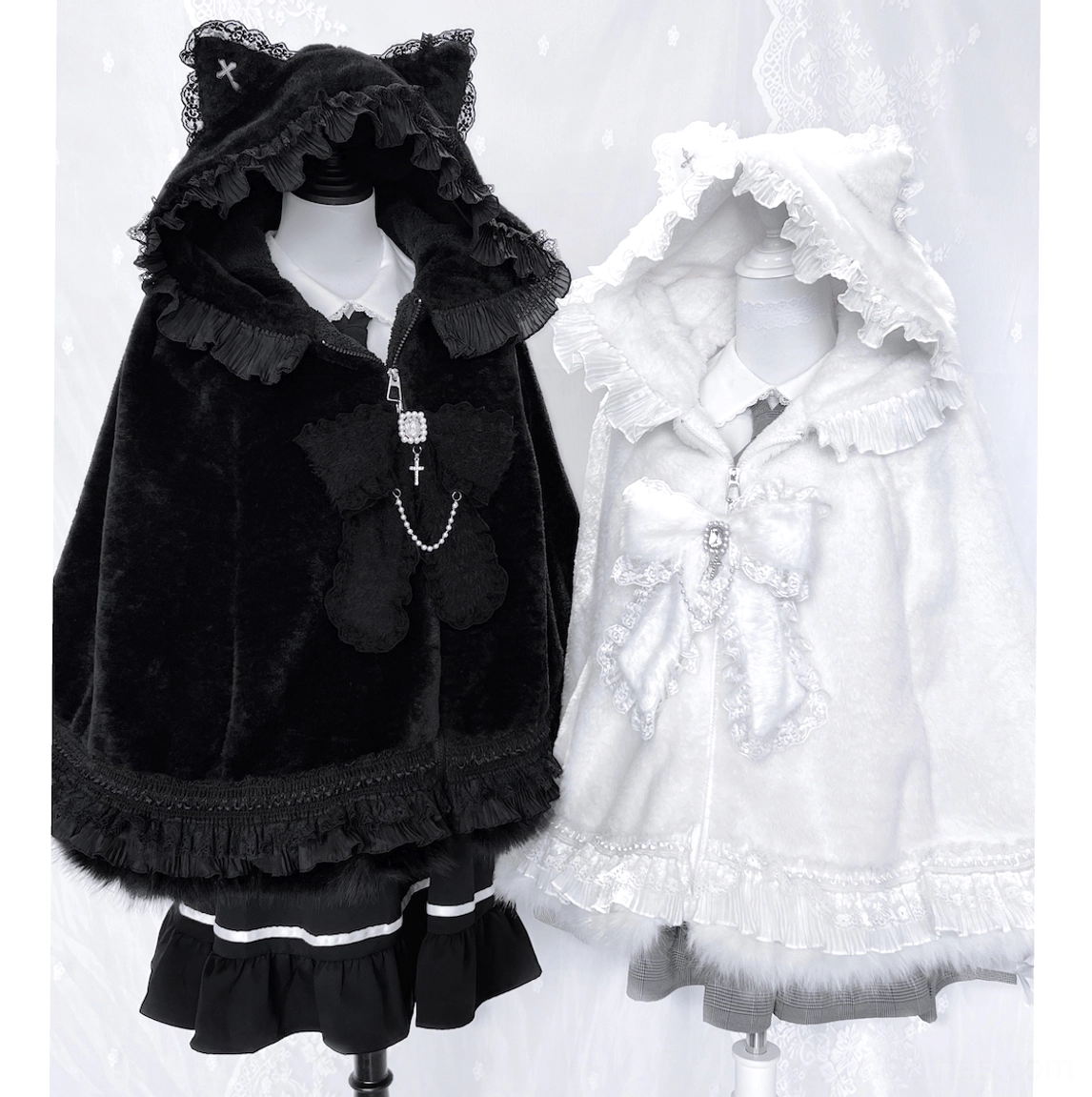 Photography aesthetic demonstration of jirai kei cat ear fleece cape hoodie coat in artistic and creative visual context