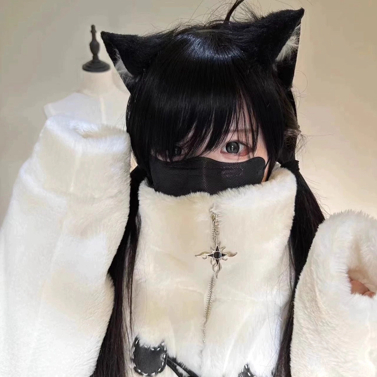 Jirai kei cat ear hooded coat three-quarter view angle fuzzy texture faux rabbit fur