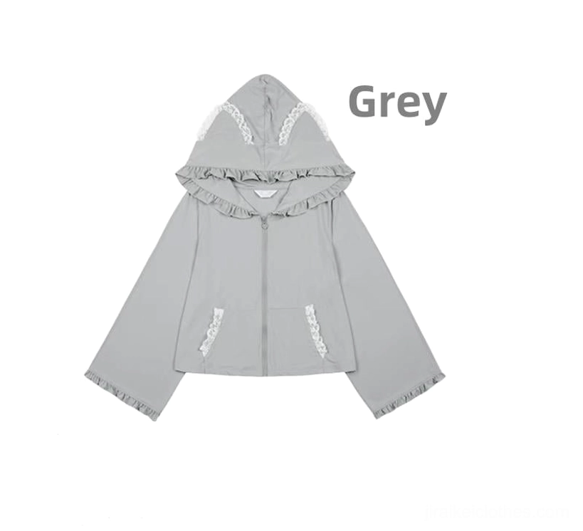 Jirai Kei cat ear hoodie jacket care instructions and fabric composition information, 100 percent polyester UPF50 protection details