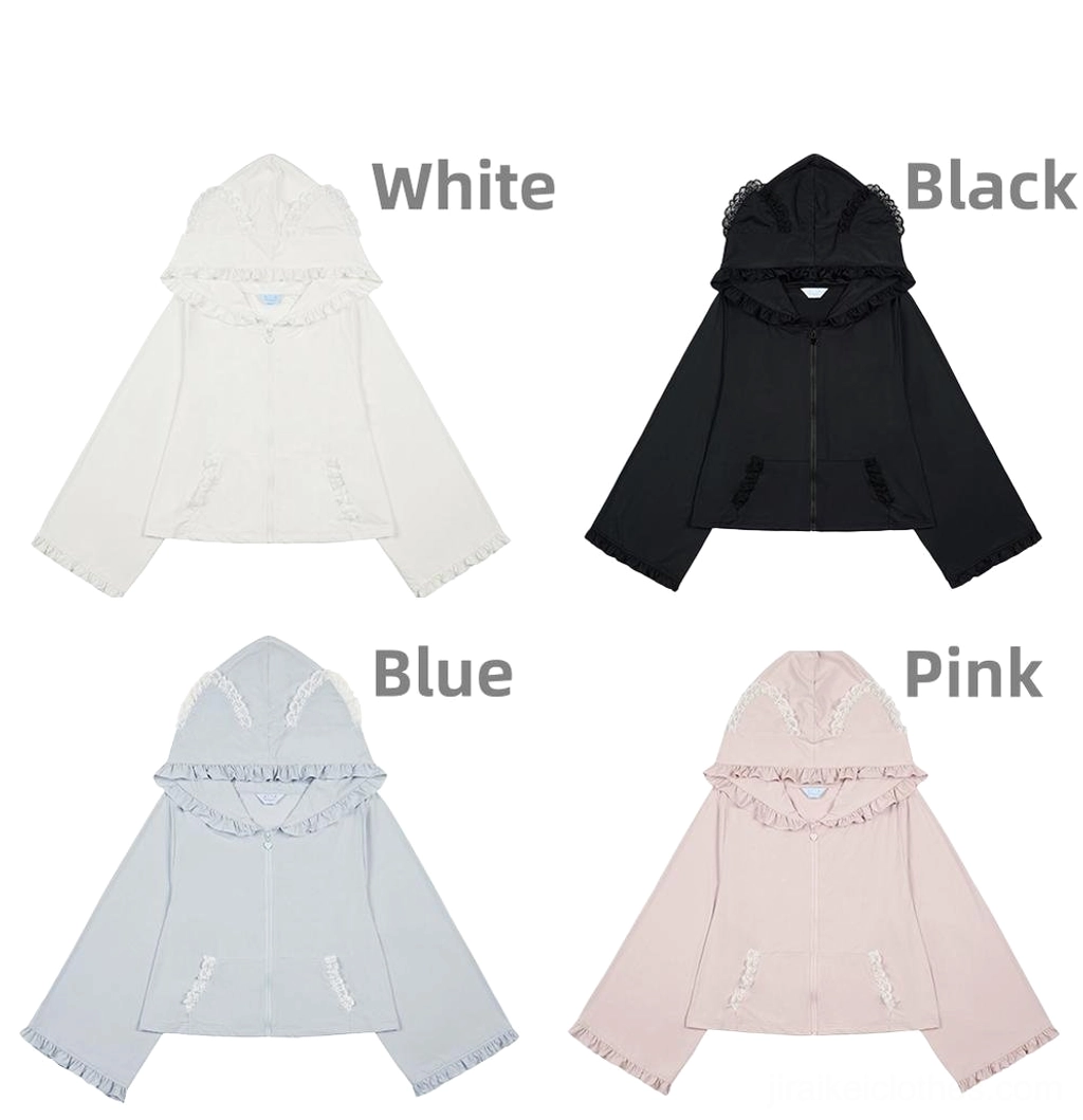 Jirai Kei cat ear hoodie jacket size and fit guide showing shoulder width, bust, length, and sleeve measurements in centimeters and inches
