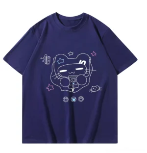 Navy blue Jirai Kei cat headset graphic cotton T-shirt with white line art print and star details, flat lay front view on plain background