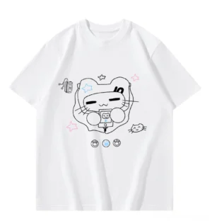 White Jirai Kei cat headset graphic cotton T-shirt with minimalist line art print and star decorations, flat lay front view on plain background