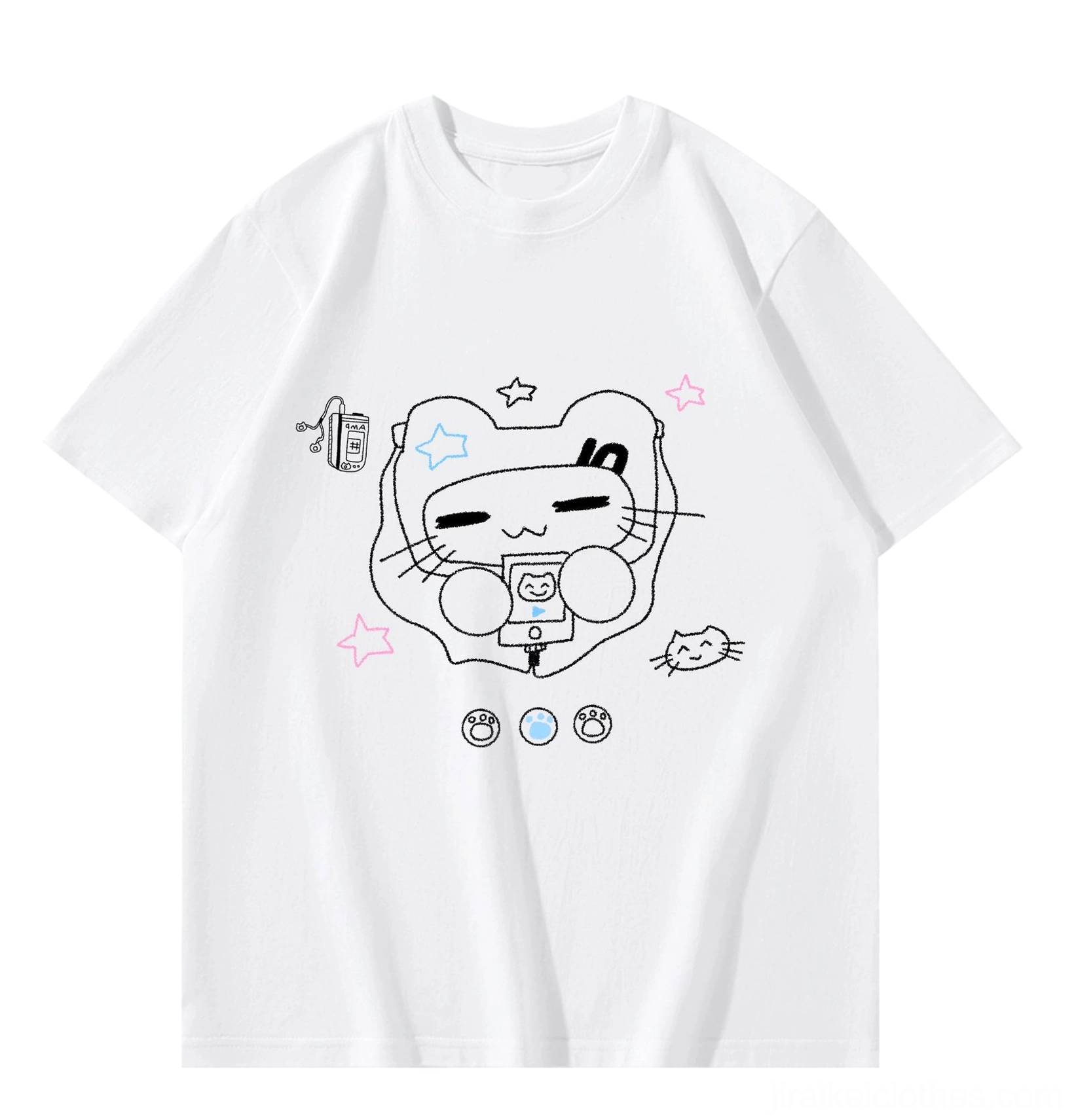 White Jirai Kei cat headset graphic cotton T-shirt with minimalist line art print and star decorations, flat lay front view on plain background