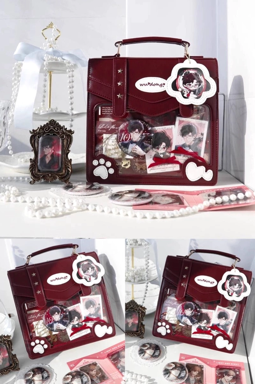 jirai kei cat paw ita bag all five color options red blue white black and white arranged