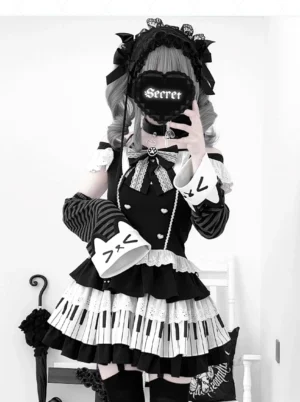 Halter neck Jirai Kei cat piano print lolita skirt set three-quarter front view with ruffled tiers and flutter sleeves