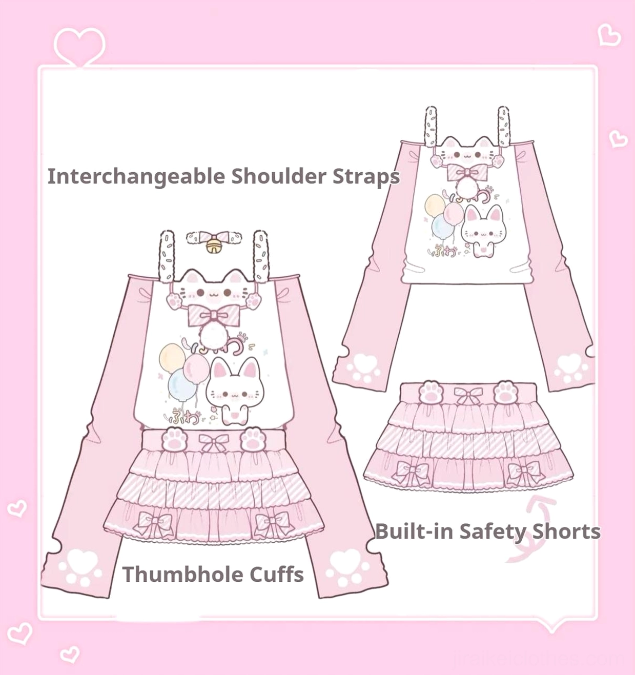 Jirai Kei cat-print two-piece outfit styled with complementary accessories including cat-ear hair clips, paw-print gloves, and plush bags, full styling inspiration shot for complete coordinate ideas