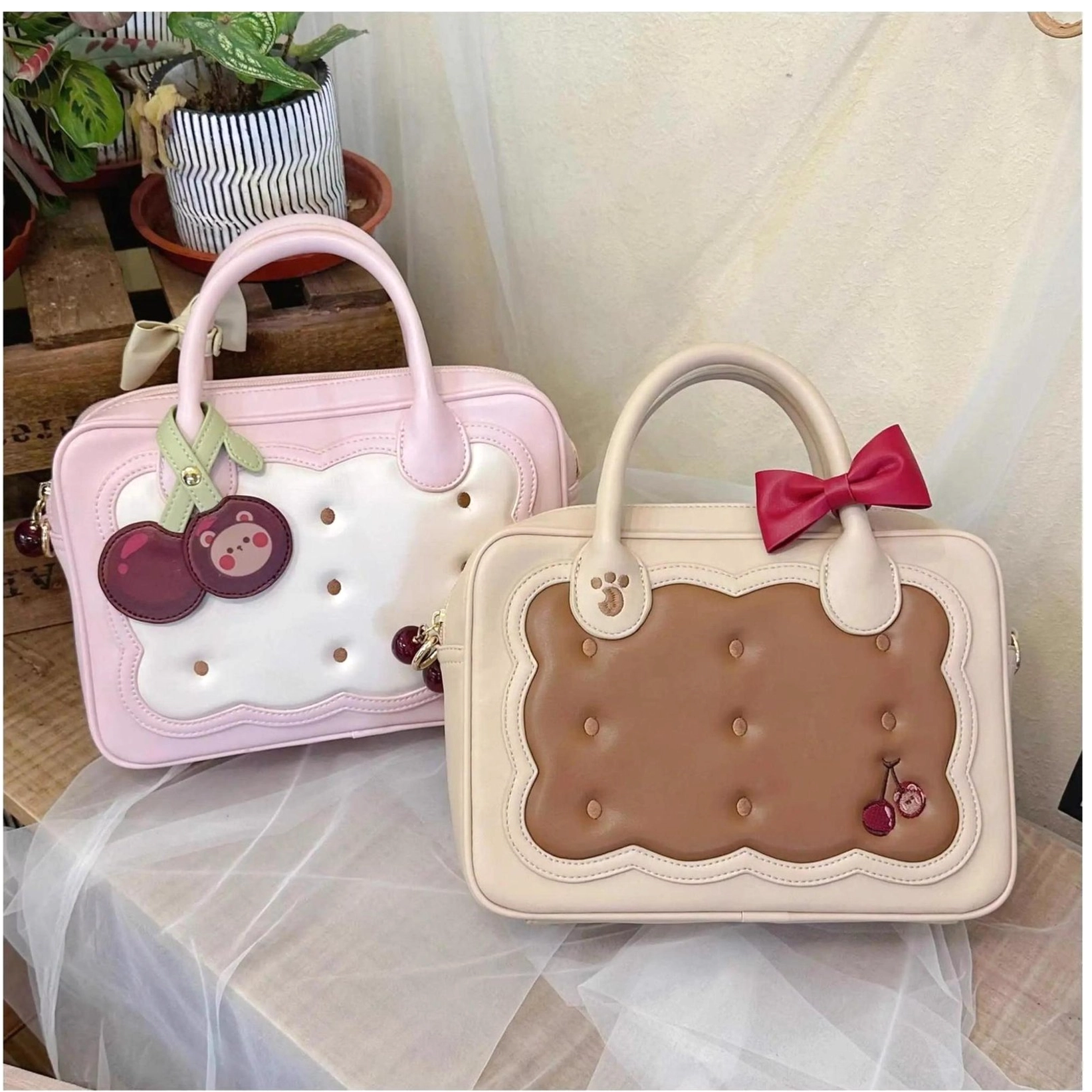 Jirai Kei cherry bear cookie crossbody bag clear acrylic window panel with decorative charm arrangement and collectible display