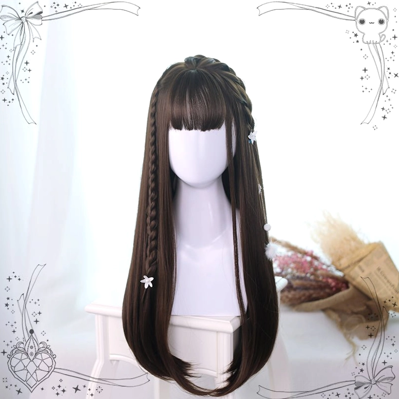 Chestnut brown Lolita wig with elegant braided side detail and decorative flower hairpins, demonstrating accessory styling possibilities for Jirai Kei fashion presentation