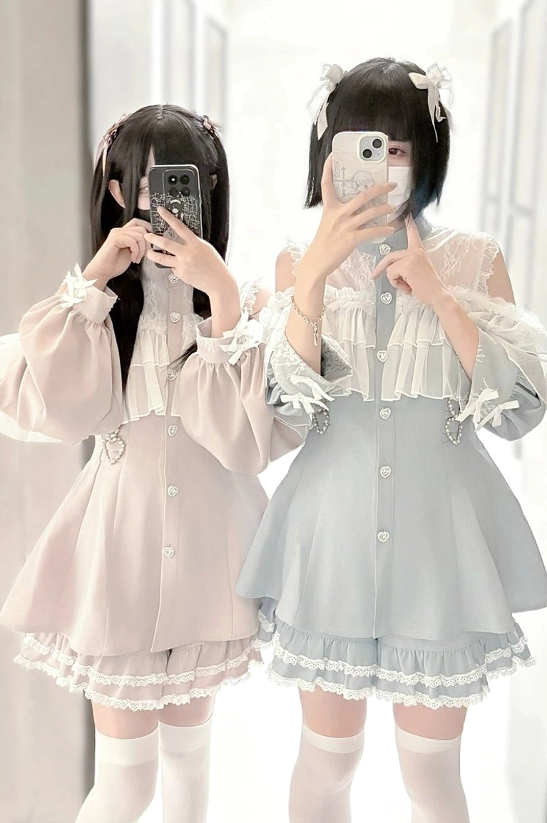 Jirai Kei off-shoulder chiffon cape dress set pastel two-tone front view mirror selfie with sheer ruffle cape and button front design