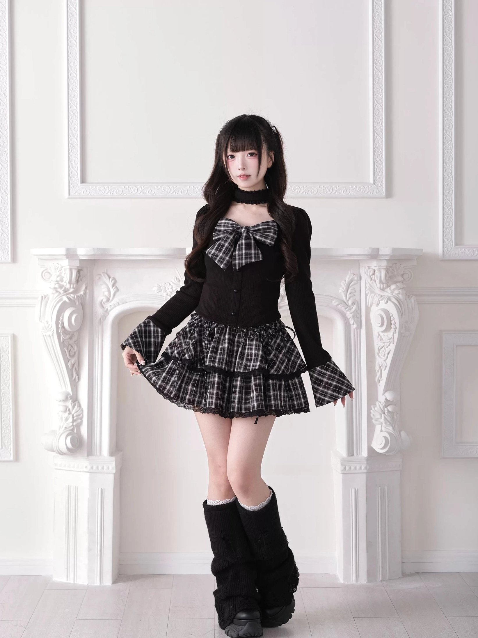 Jirai Kei choker knit top chest bow design detail shot close-up view