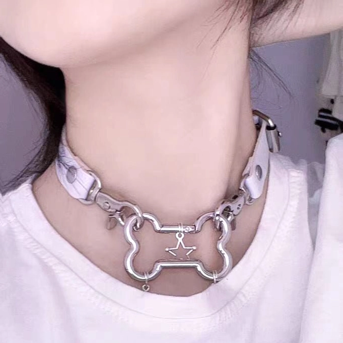Jirai Kei choker necklace with silver alloy bone and star pendants Y2K punk aesthetic accessory