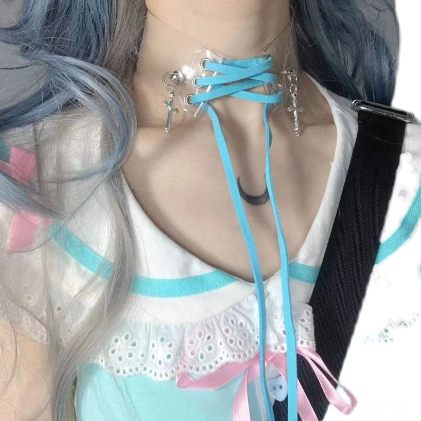 Full-length Jirai Kei transparent choker necklace display showing adjustable strap mechanism and dual cross pendant styling