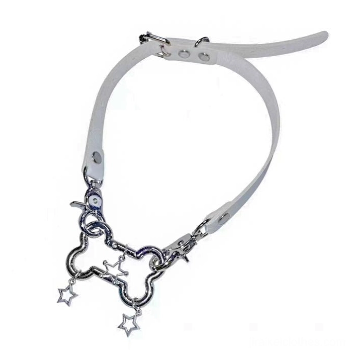 White PU leather Jirai Kei choker with silver bone links and star pendants front view flat lay on plain background
