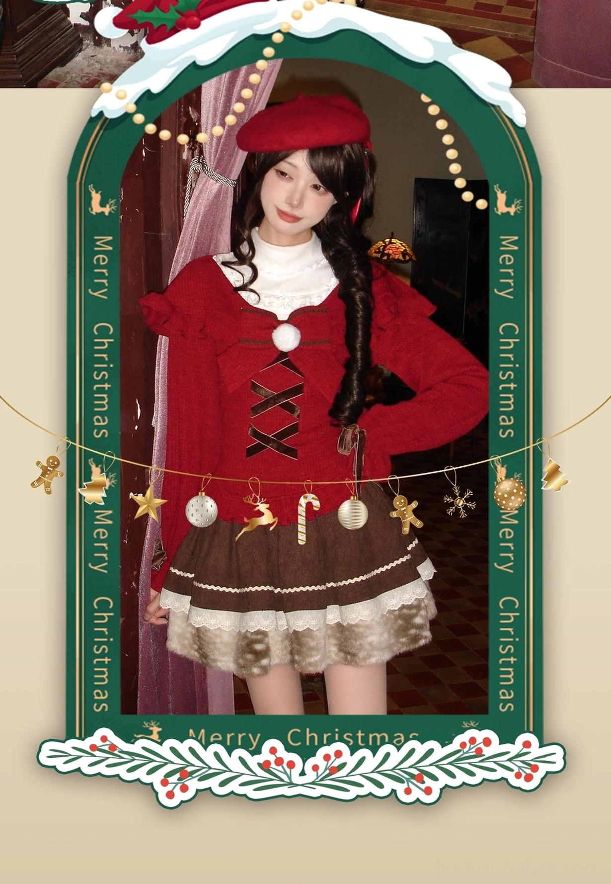 Festive christmas-themed jirai kei outfit display with 'Merry Christmas' text border, hanging ornaments, and holiday decoration frame background