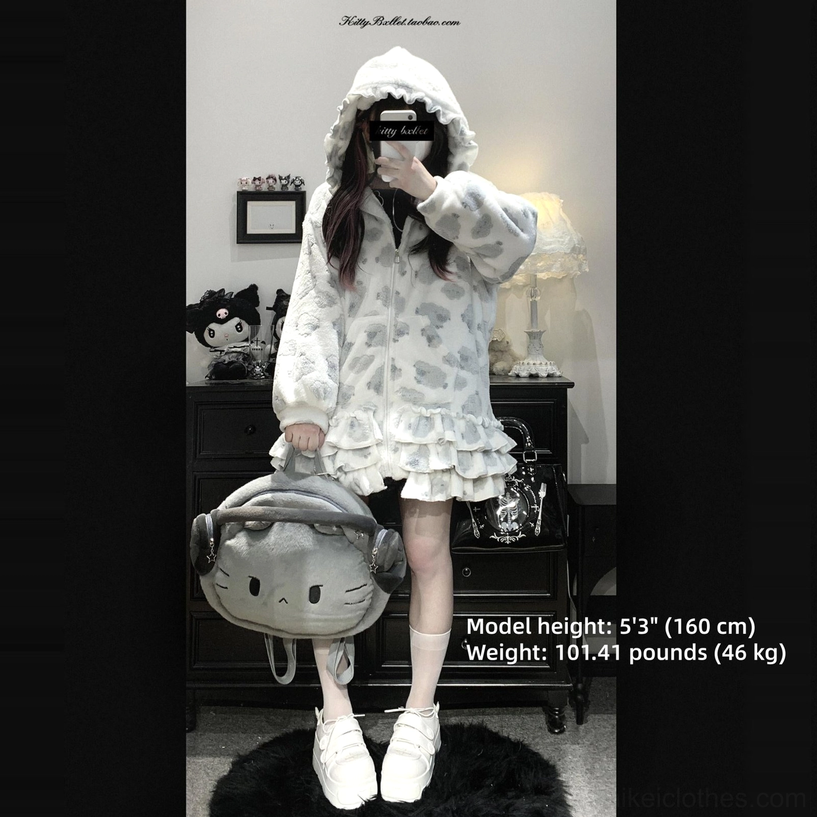 Jirai Kei winter coat full-front mirror selfie thigh-length fit gray cat plush backpack ruffled hem aesthetic