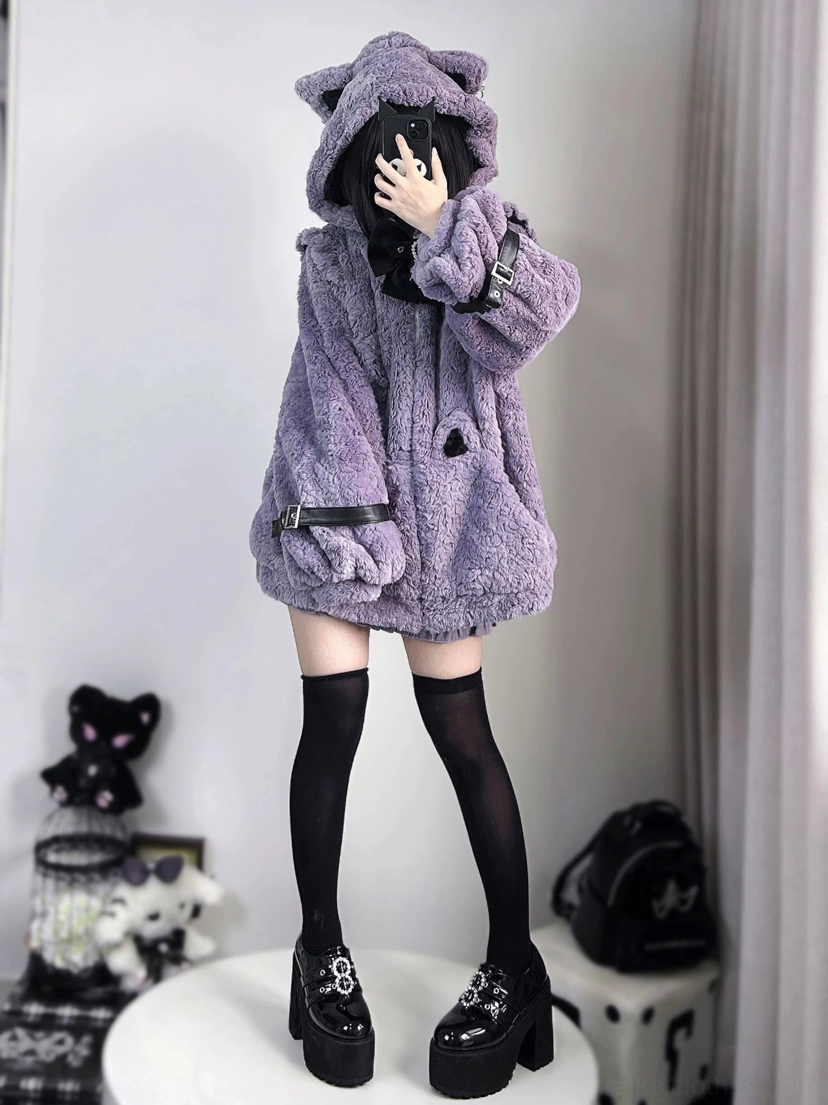Jirai Kei cat ear hood fleece coat neckline detail, showing bow attachment point, heart accent placement, and ruffled trim design