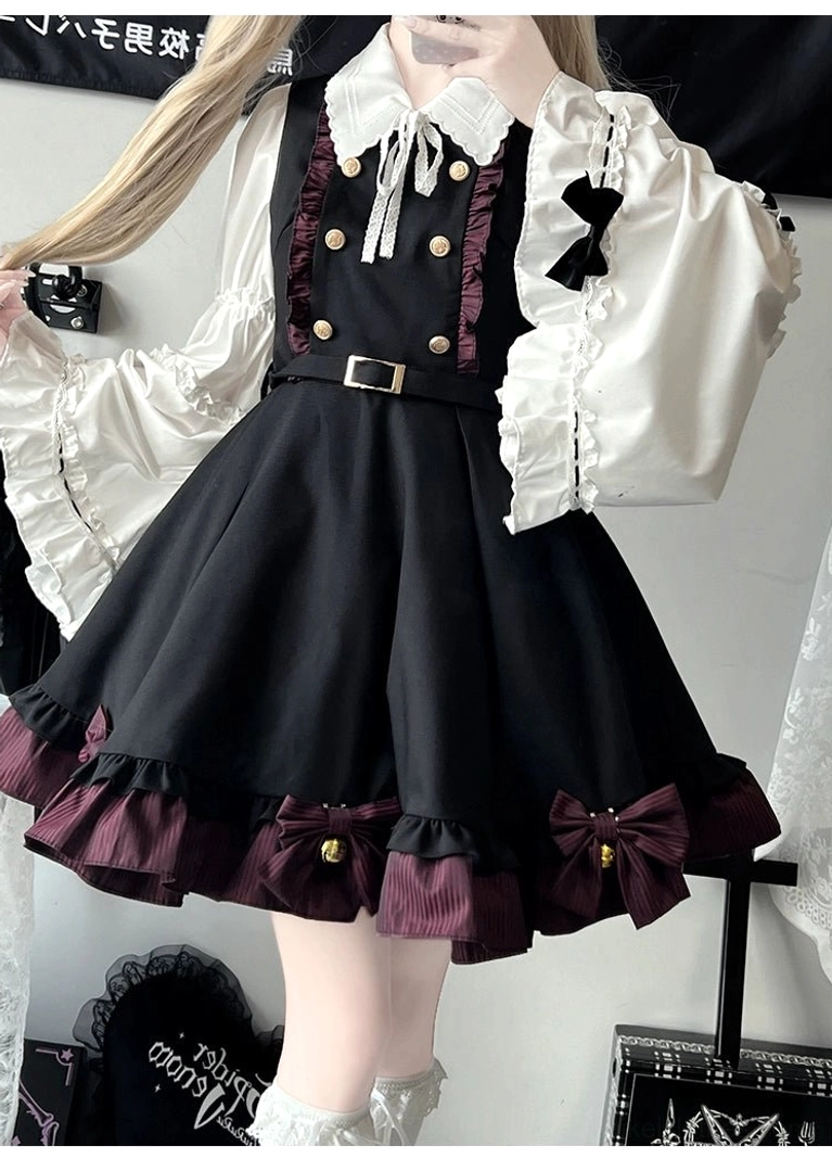 Coffee brown color option of Jirai Kei suspender skirt with vintage buttons and striped ruffle trim creating earthy warm tone variation
