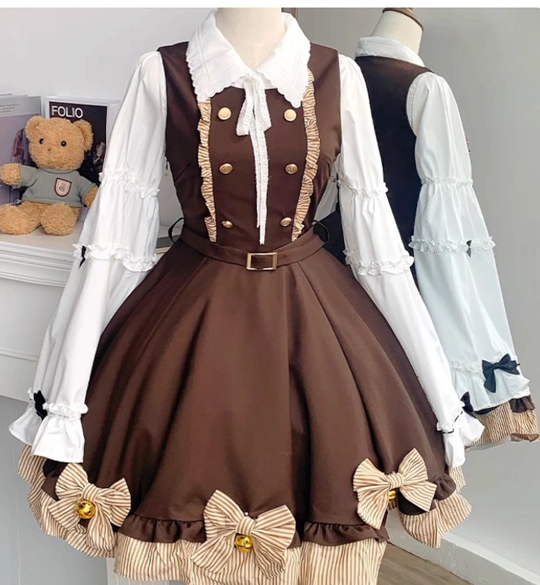 Coffee brown Jirai Kei suspender skirt color option paired with white blouse demonstrating warmer earthy tone styling alternative for preppy school uniform
