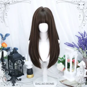 Cold brown Jirai Kei straight wig medium length bangs natural drape 60cm synthetic hair front view