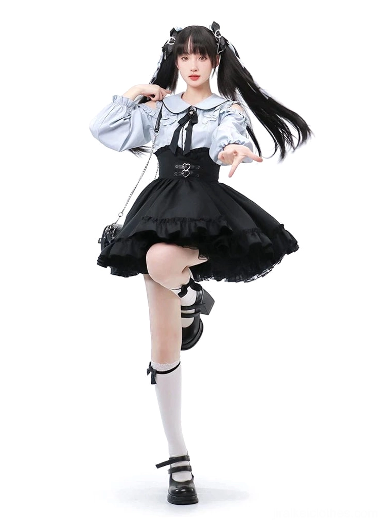 Dynamic front-facing pose of light blue cold-shoulder blouse with black ruffle-hem skirt, Jirai Kei gothic lolita aesthetic showcasing outfit movement and silhouette definition