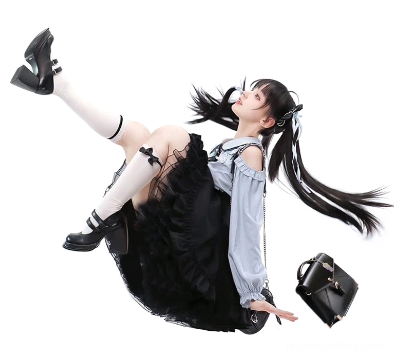 Low-angle dynamic shot of Jirai Kei blue cold-shoulder blouse and black ruffle skirt ensemble with playful model pose, crossbody mini bag, and full silhouette showcase