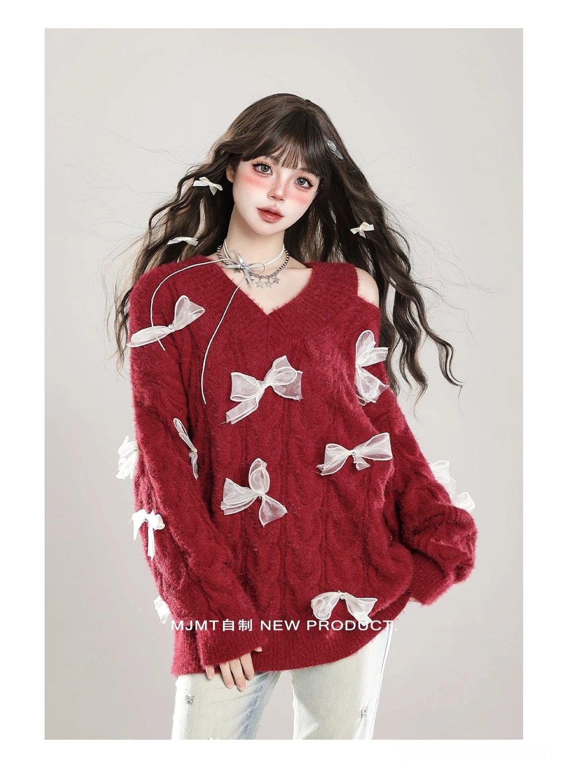Side view of Jirai Kei cold-shoulder fuzzy bow sweater showing V-neck line, white ribbon bow application, and drape of loose-fit sleeve construction