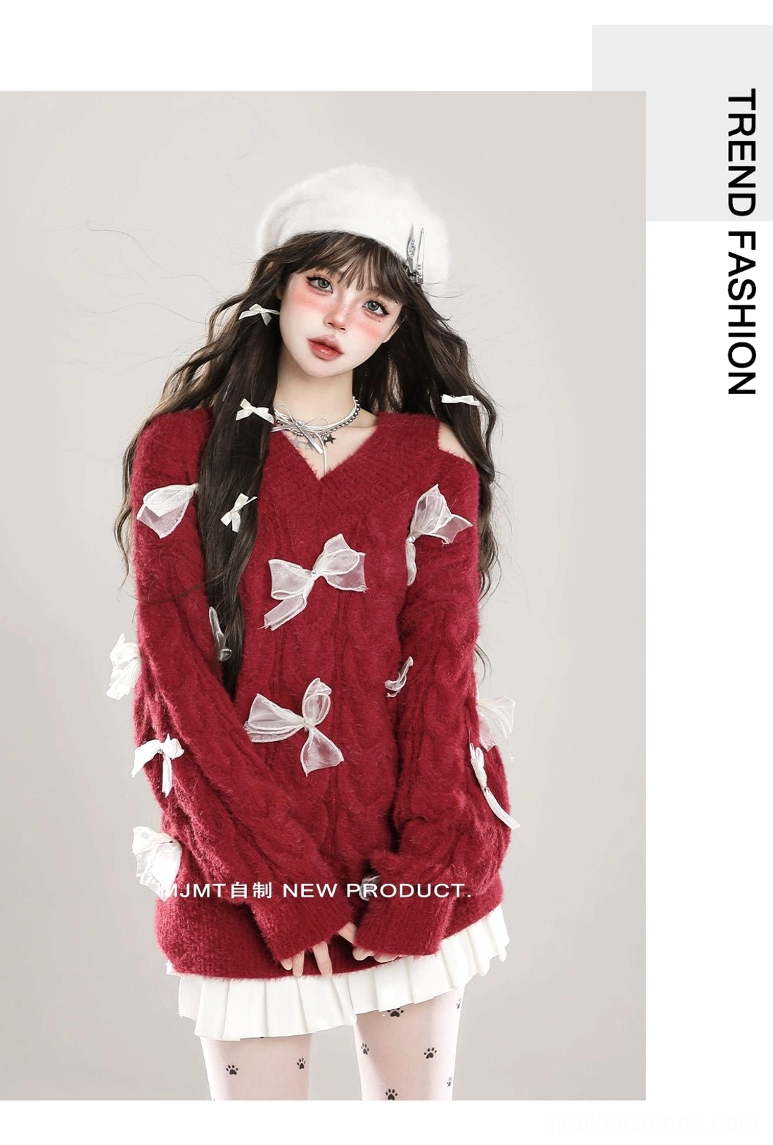 Back view of Jirai Kei cold-shoulder fuzzy bow sweater, showcasing long sleeves, overall silhouette, and how garment sits on shoulders and back