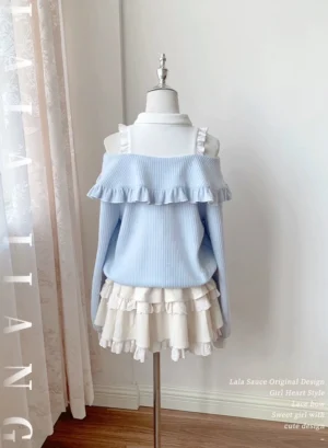 Jirai Kei cold-shoulder sweater dress form display showing ribbed knit texture off-shoulder ruffle and layered white mini skirt front angle