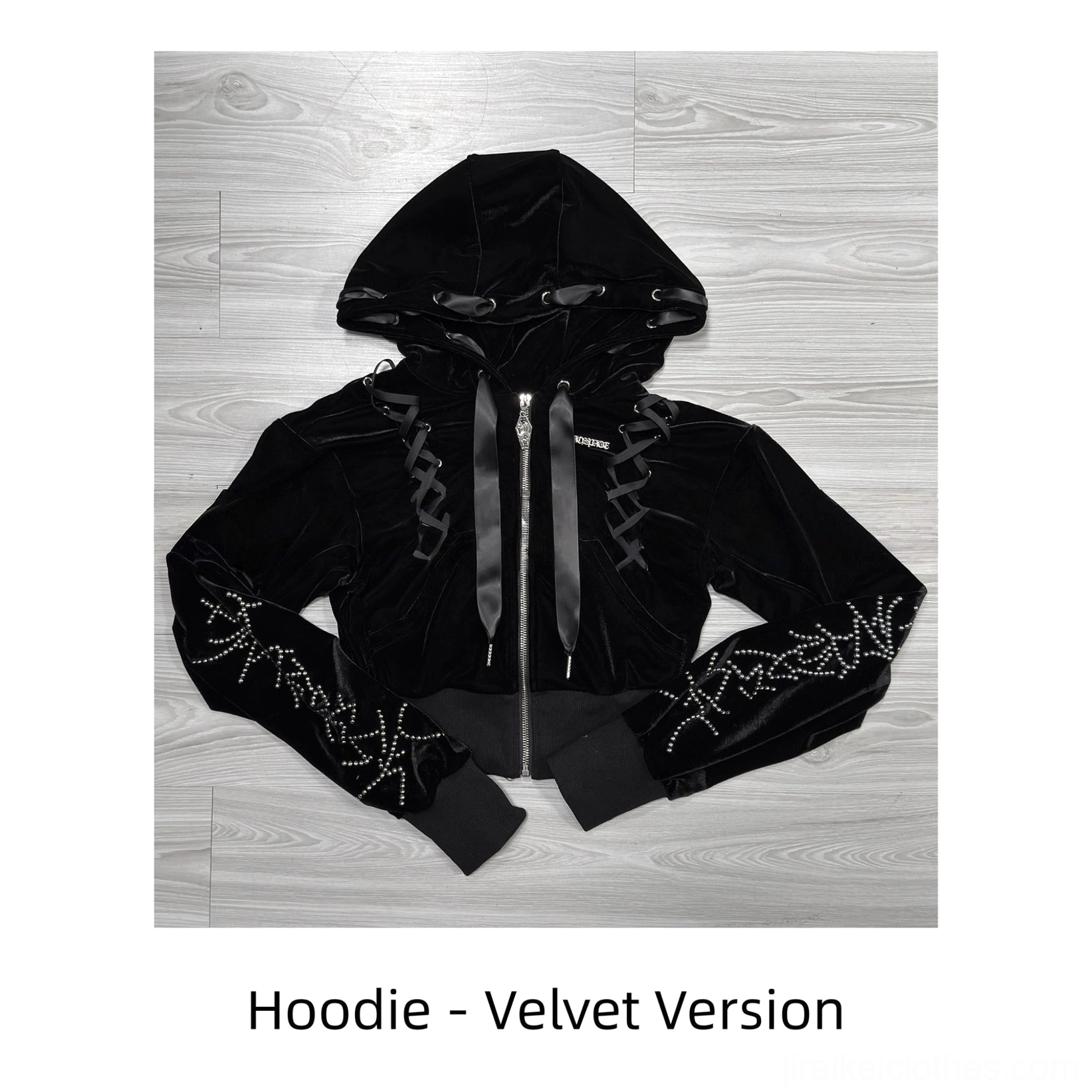 Complete Jirai Kei black cropped hoodie and layered ruffle skirt outfit ensemble styled with platform boots and accessories