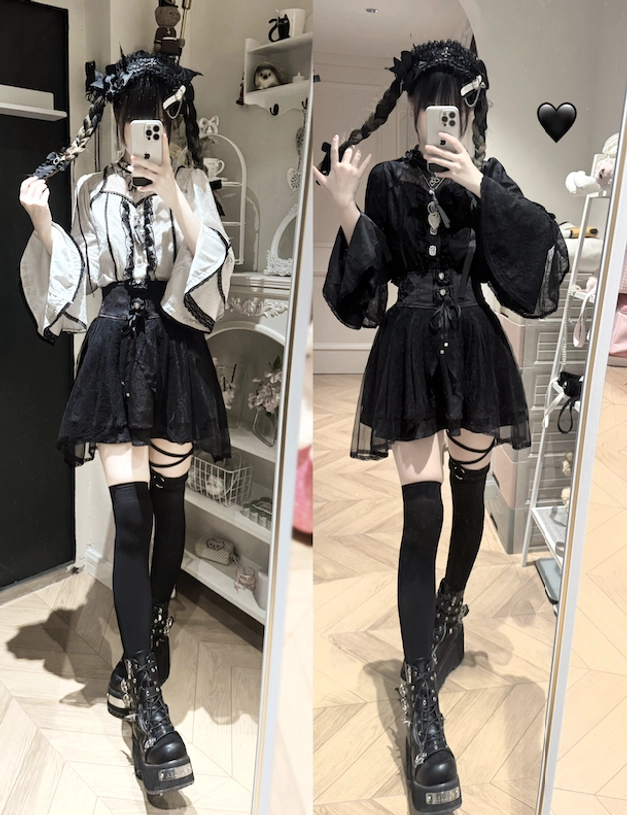 Jirai kei complete outfit ensemble black and white color scheme fashion statement