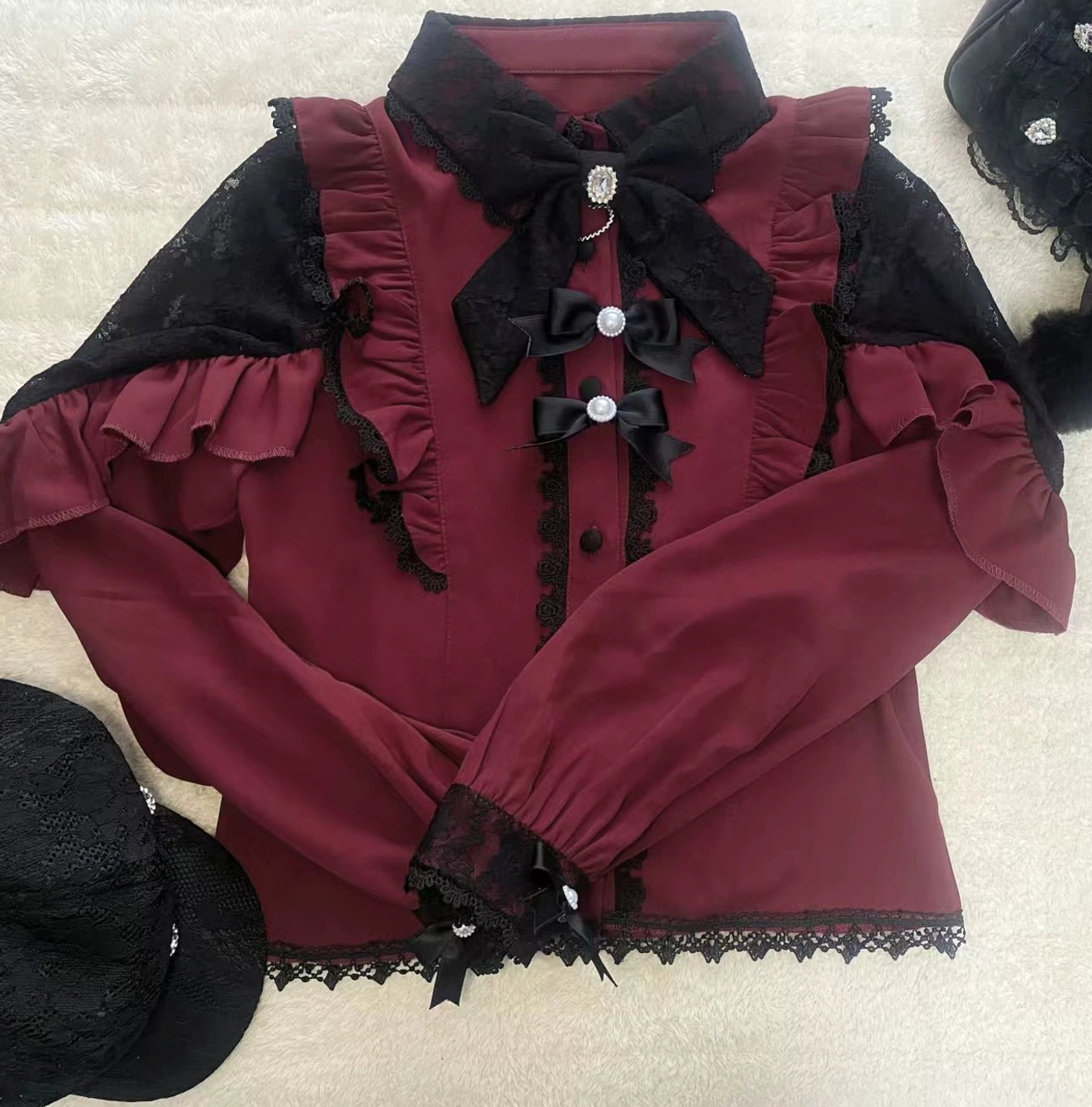 Jirai kei complete outfit burgundy blouse and black skirt full styling with platform shoes lace socks coordination