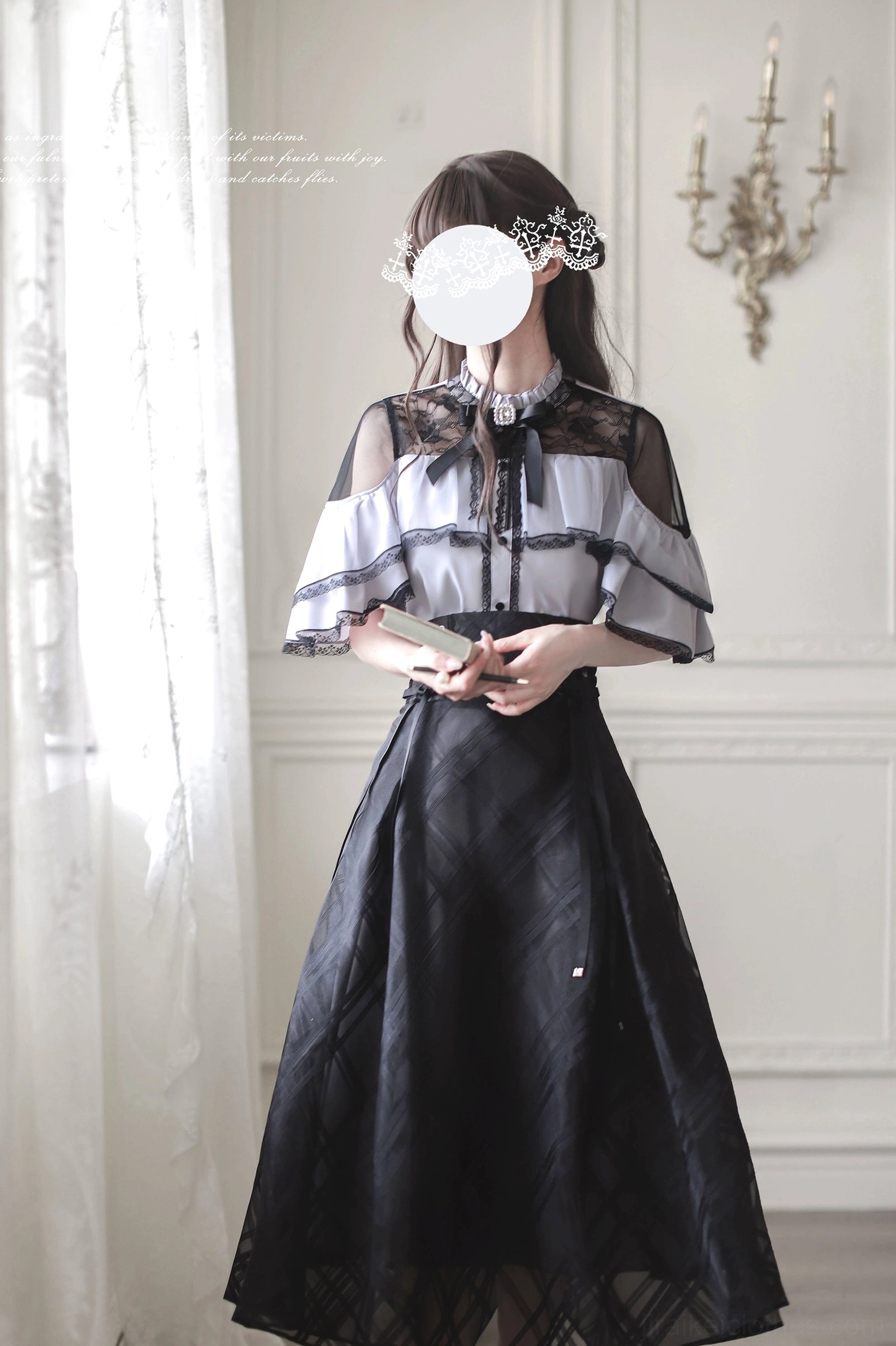 Jirai Kei two-piece set front full view hands clasped, sheer mesh fabric layering details of cape blouse and flowing maxi skirt in vintage indoor room