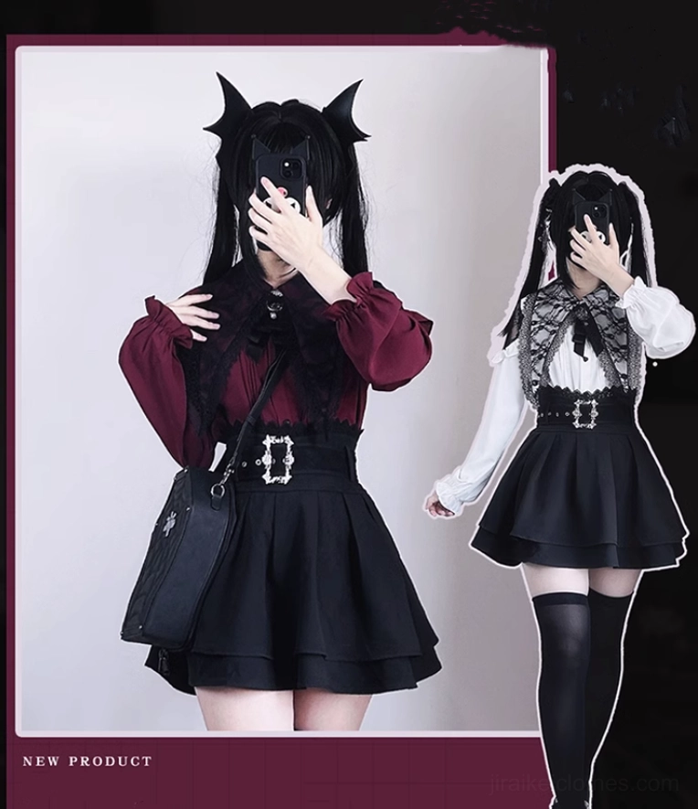 Jirai Kei complete outfit coordination red blouse black tiered skirt worn with alternative accessories and styling