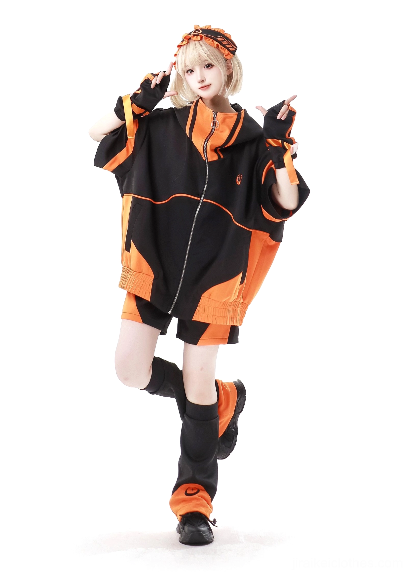 Black-orange Jirai Kei complete full outfit set jacket shorts leg warmers headband arm sleeves all components together
