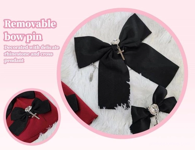 Complete jirai kei outfit styling guide showing lace-shoulder blouse worn with high-waist skirt, detachable bows, heart-shaped buttons, rhinestone cross pendant and accessory pairing ideas