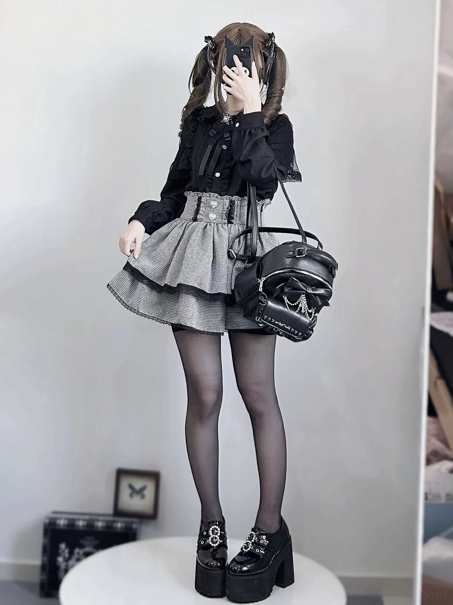 Jirai Kei complete outfit styled on model full body with grey plaid skirt layered ruffles and platform loafers
