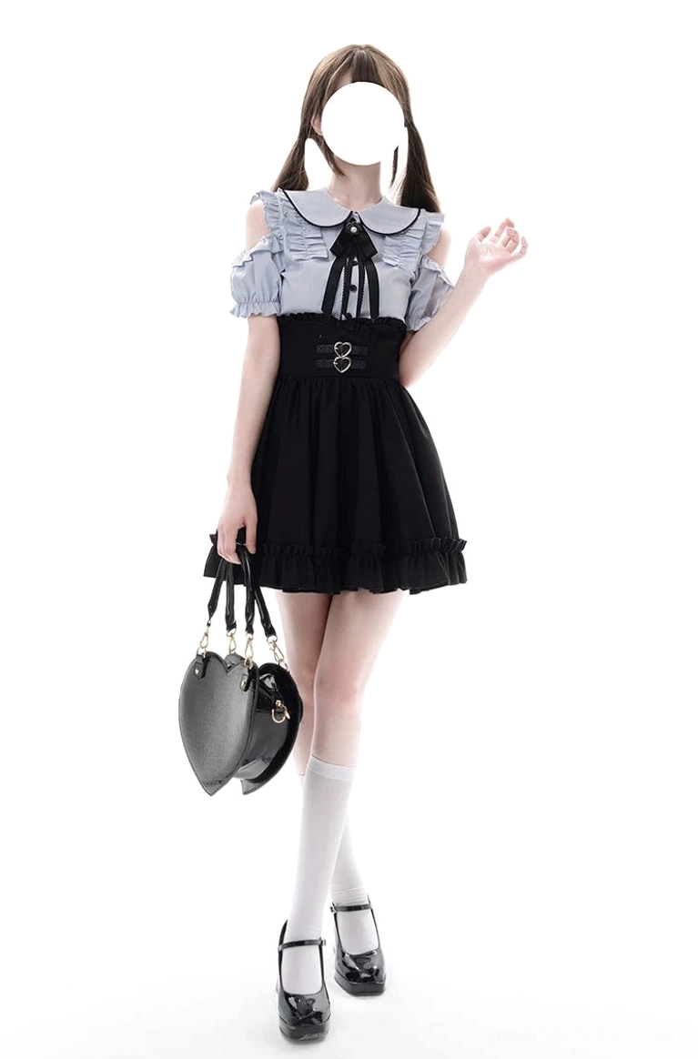 Complete Jirai Kei two-piece matching set in light blue cold-shoulder blouse short-sleeve variant paired with black multi-ruffled skirt on full-length display form