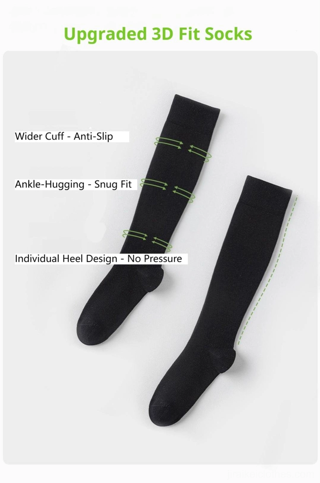 Upgraded 3D fit knee-high compression socks showing widened anti-slip ribbed cuff ankle-hugging design and pressure-free heel construction detail view