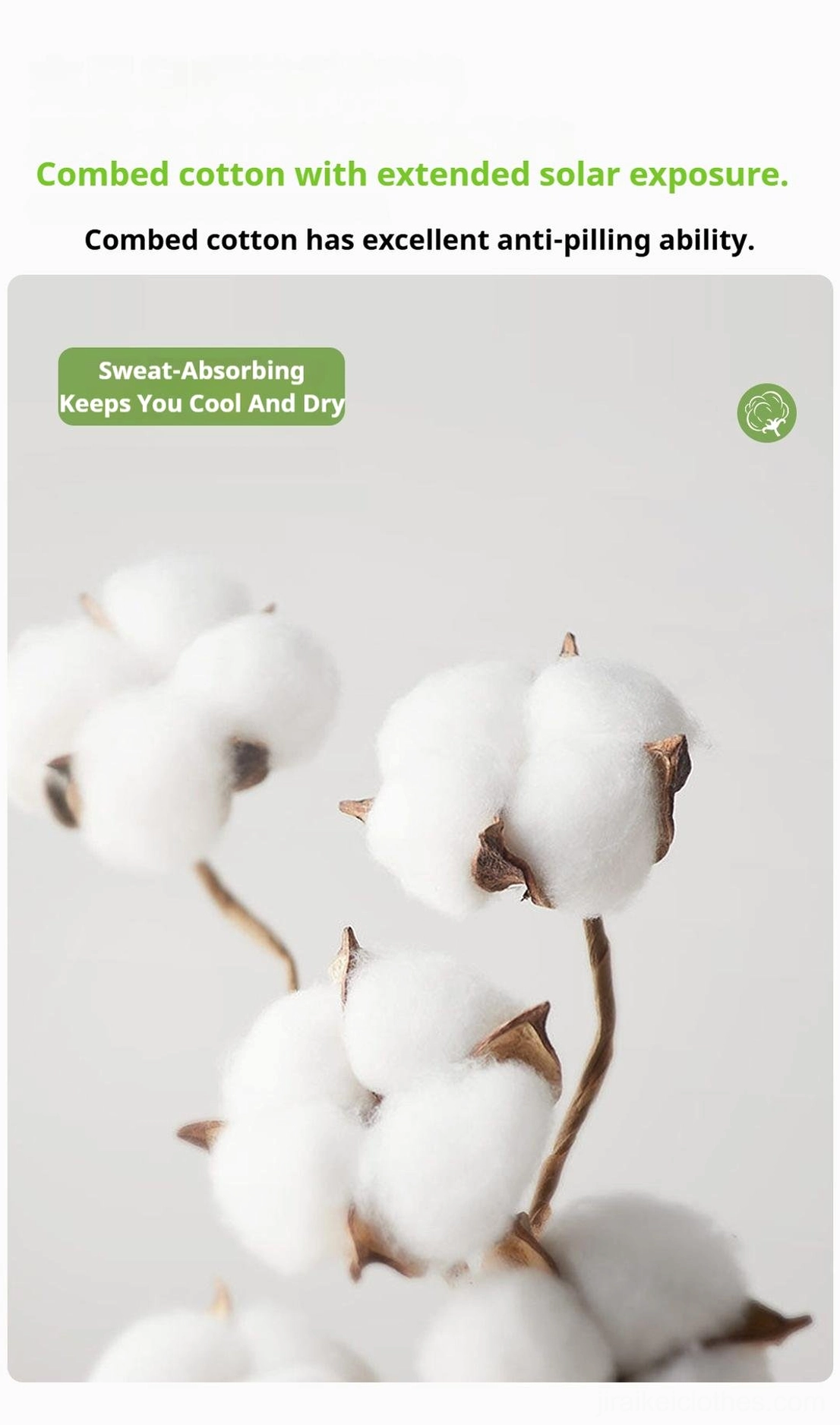 Combed cotton material showcase close-up with cotton boll background highlighting anti-pilling sweat-absorbent properties and premium fabric quality