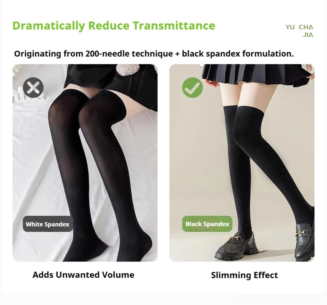 Front leg comparison view of opaque compression socks in black spandex version highlighting 200-knit craftsmanship reduced fabric transmittance and slimming effect