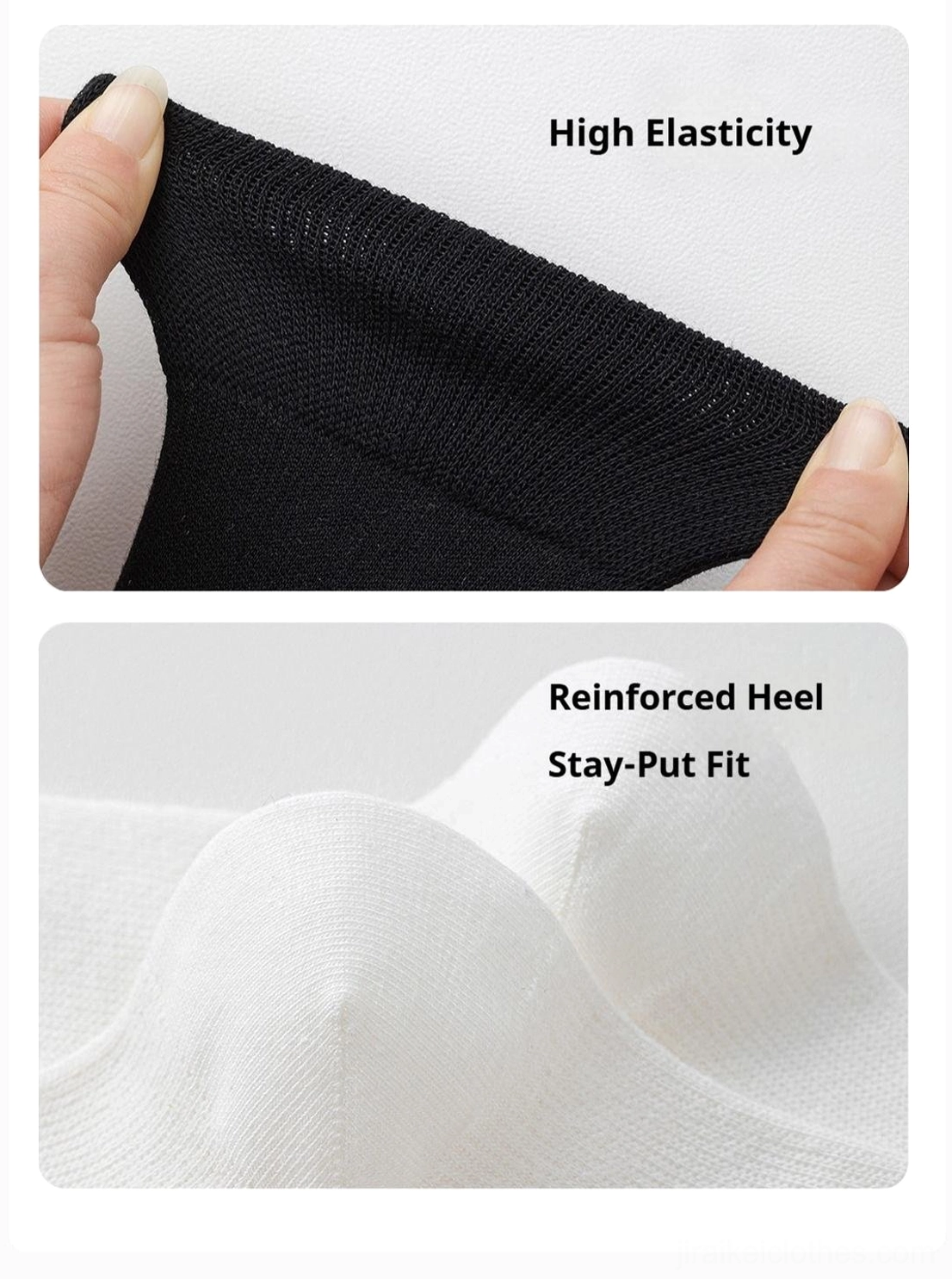 Reinforced cotton compression socks close-up product detail shots showing high-stretch fabric and reinforced heel for secure fit and durability