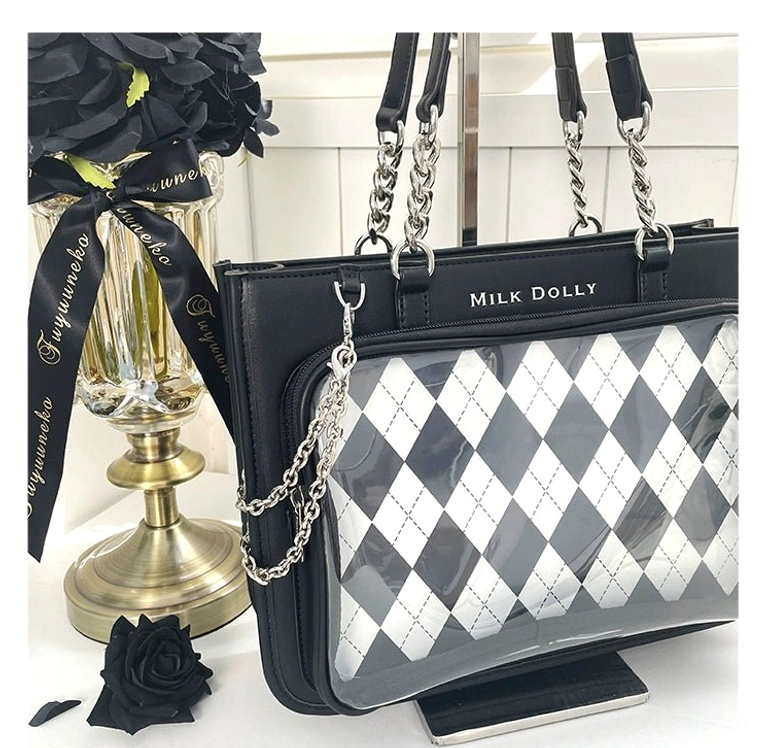 Jirai kei convention scene featuring checkered ita bags worn by fashion-forward collectors and enthusiasts