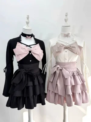 Jirai Kei two-piece coordinate set featuring cross-tie knit top with bow and tiered ruffle skirt in dual color variants displayed on mannequin front view