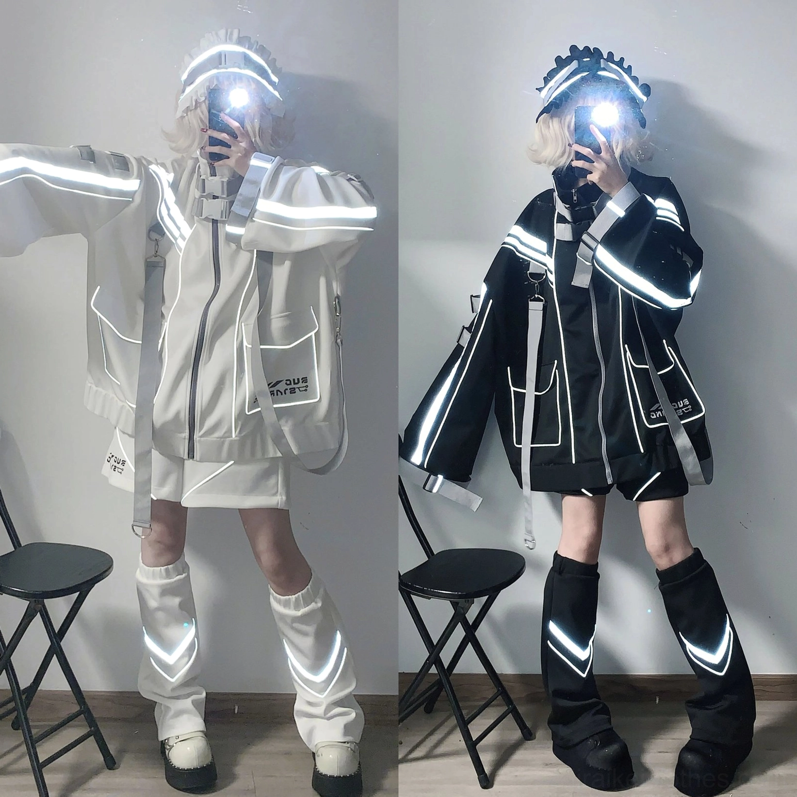 Jirai Kei couple punk jacket sets white and black night outdoor balcony reflective strips visible matching leg warmers