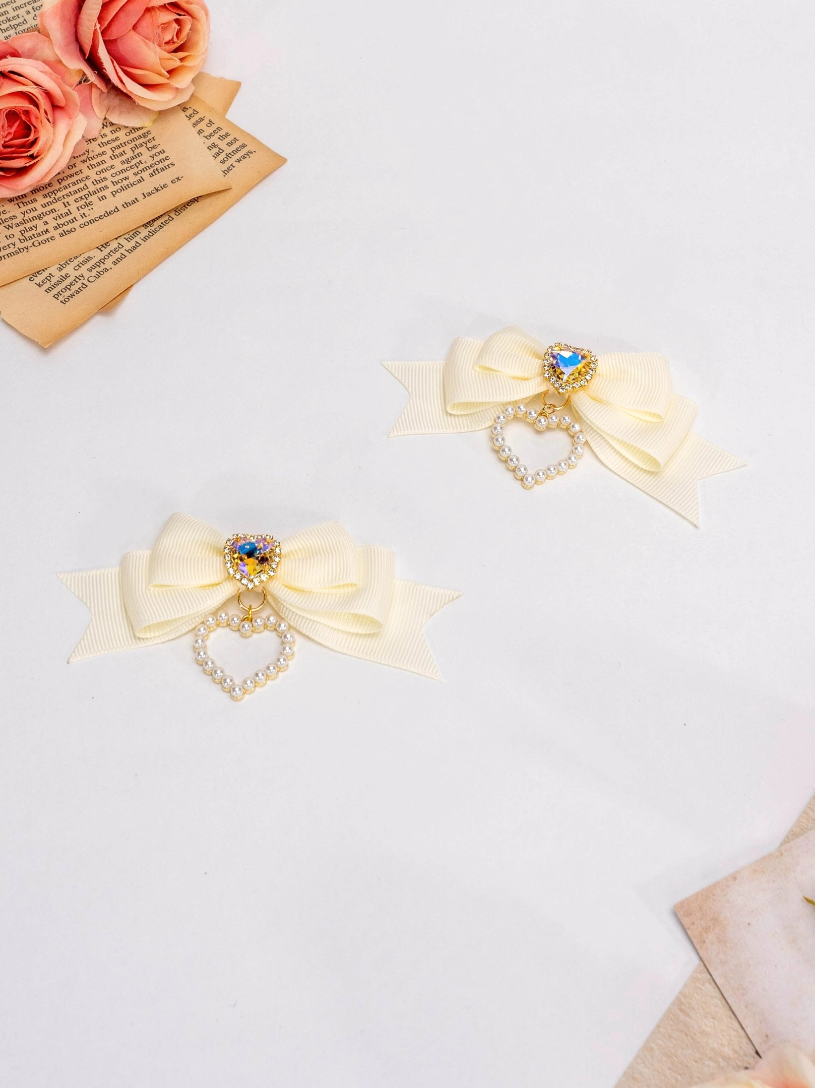 Cream beige Jirai Kei lolita bow hair clips with satin bows blue rhinestone and pearl heart pendant pair