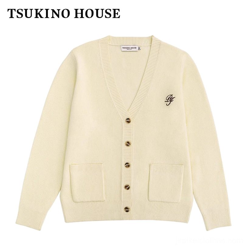Jirai Kei cream white cardigan flat lay product view knitted fabric front buttons patch pockets embroidery