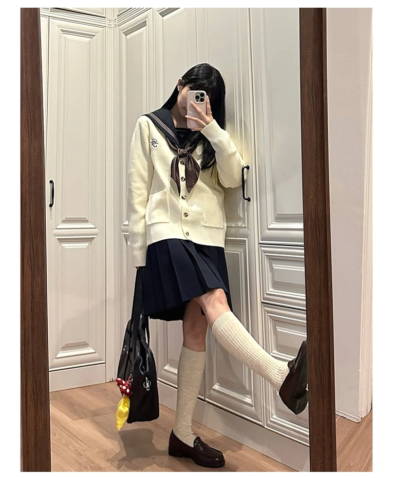 Jirai Kei cream white cardigan styled with traditional Kansai sailor uniform complete set